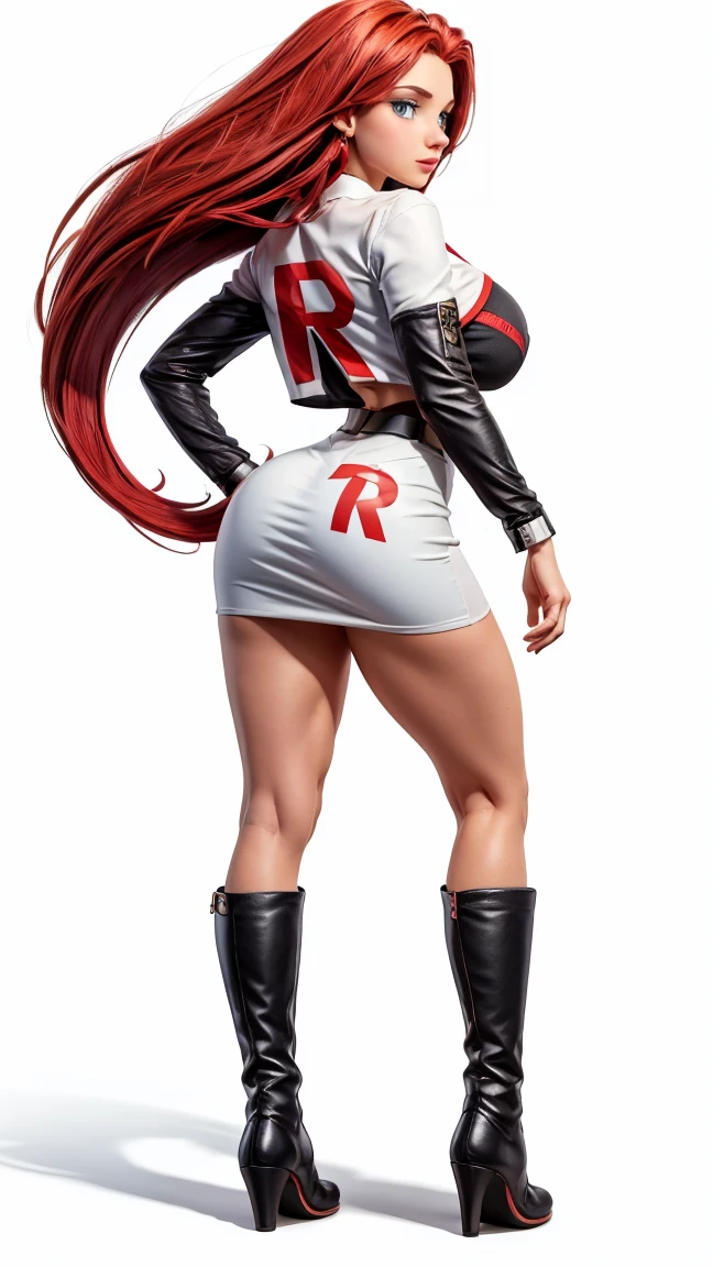 ultra HD, work of art, precise, anatomically correcte, super detaill, High details, high qualiy, best qualityer, 8k, high resolution. Jessie looks beautiful in a full body photo. Blue eyes and long red hair combed back make her a goddess of beauty. Jessie wears a long-sleeved blouse that fits her body, with a big "R" red printed in the center, symbolizing Team Rocket. This detail is essential for team identification and stands out against the white background., the bottom of the outfit consists of a short skirt, also white, that complements the top. This combination creates a look that is both practical for your adventures and stylish., Jessie completes her outfit with long boots, usually black, That go down to your knees. These boots are not only functional for your activities, but they also add a touch of sophistication to your look. She is very sexy, drawing attention to her large breasts and muscular body.