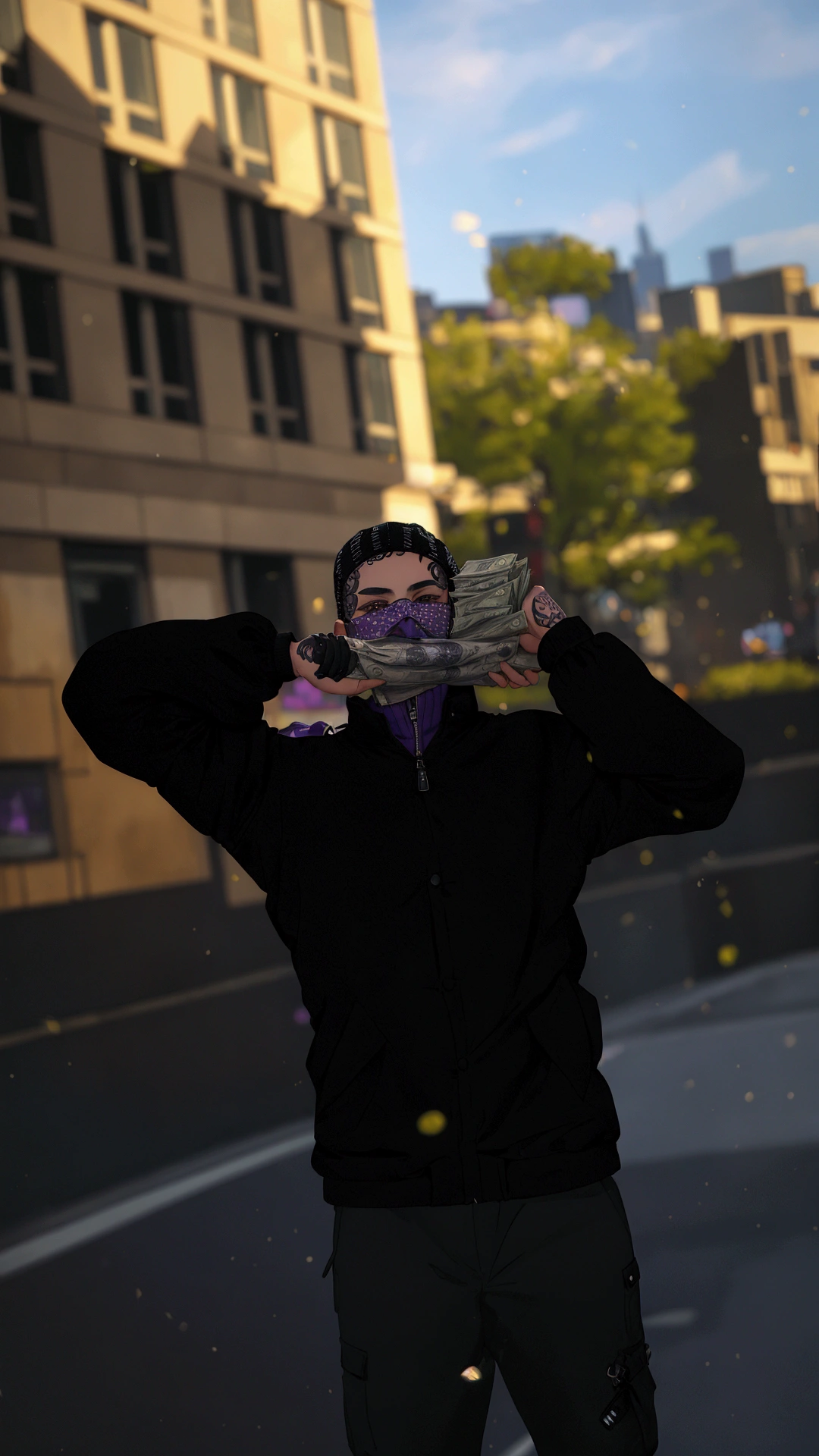 A person wearing a black puffer jacket and a purple mask stands on a city street, holding a stack of cash in one hand and a gun in the other. They have tattoos visible on their arm, and the background features modern buildings and greenery, with soft sunlight casting a warm glow over the scene.