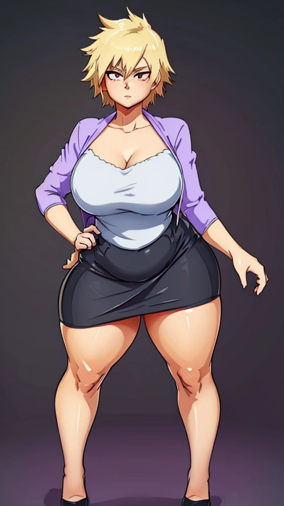 A cute sexy woman beautiful ash blonde hair round short messy cut her slanted orange eye wears white blouse under simple purple shirt and a tight black skirt black heel