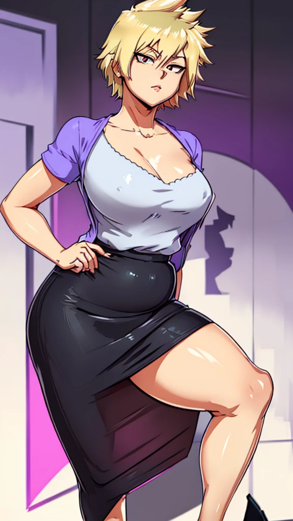 A cute sexy woman beautiful ash blonde hair round short messy cut her slanted orange eye wears white blouse under simple purple shirt and a tight black skirt black heel