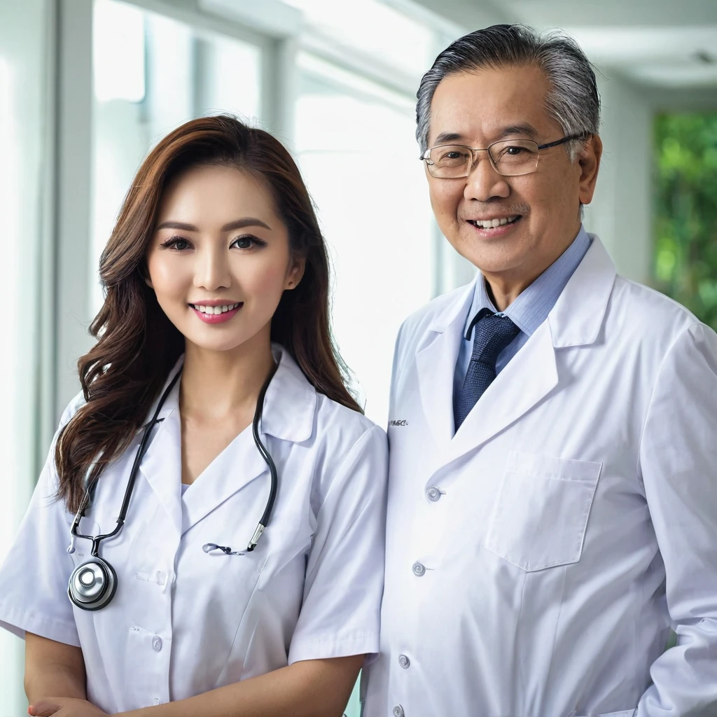 An old doctor from Malaysia stands next to a beautiful, sexy nurse in a white medical coat, they are standing happily in the doctor&#39;s office
