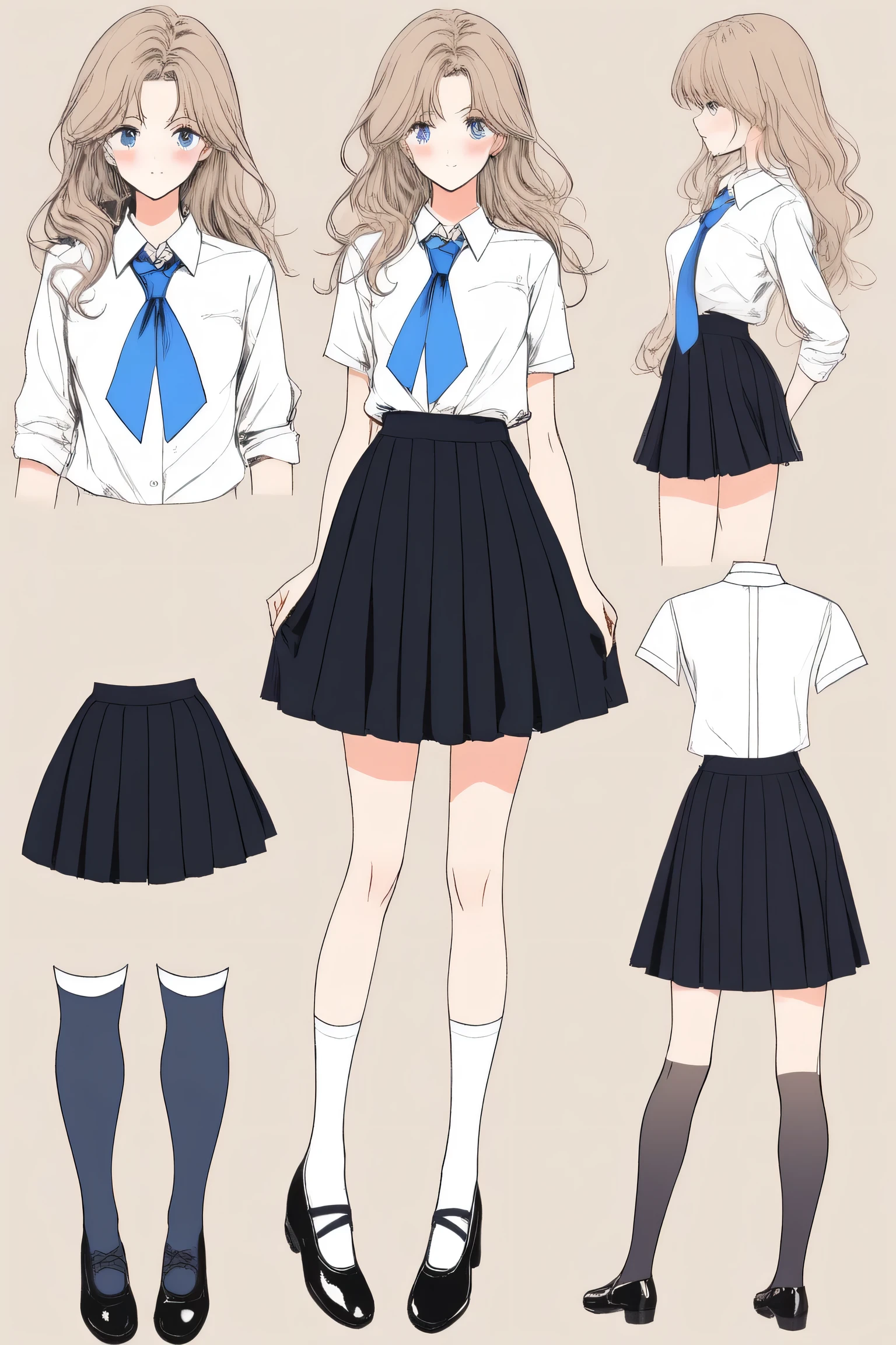 (Best quality, sketch:1.2),realistic,illustrator,anime,1 girl, details, [full length female mannequin], (photographic portrait), White shirt with blue tie, black skirt, sun skirt, fluffy skirt, knee length skirt, (black, nylon stockings), Low-heeled shoes, school shoes, black туфли, high-waisted skirt, skirt with corset, (good anatomy of the body, Ideal body anatomy), (detailed clothing), (decorations), decorations на одежде, decorations в виде цветов, decorations с гвоздиками