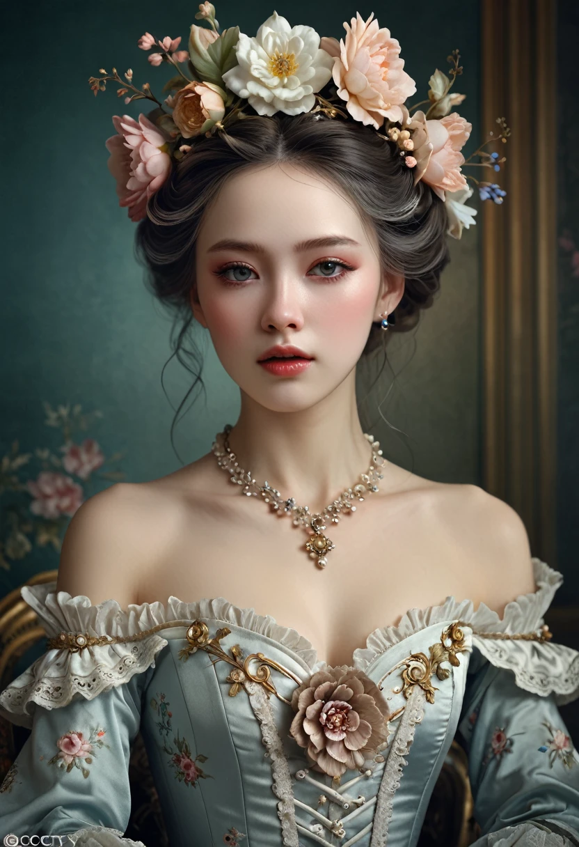 a (((german))) woman, with a flower in her hair, beautiful fantasy portrait, beautiful fantasy art portrait, rococo style portrait, detailed dress and face, gorgeous digital painting, a beautiful victorian woman, beautiful portrait oil painting, realistic cute girl painting, stunning cgsociety, jingna zhang, very beautiful digital art, miniature porcelain portrait, rococo queen, beautiful pale makeup