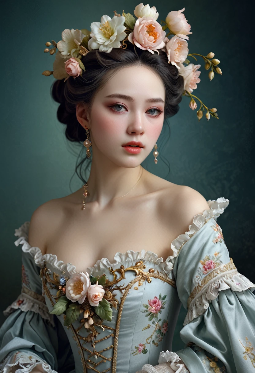 a (((german))) woman, with a flower in her hair, beautiful fantasy portrait, beautiful fantasy art portrait, rococo style portrait, detailed dress and face, gorgeous digital painting, a beautiful victorian woman, beautiful portrait oil painting, realistic cute girl painting, stunning cgsociety, jingna zhang, very beautiful digital art, miniature porcelain portrait, rococo queen, beautiful pale makeup