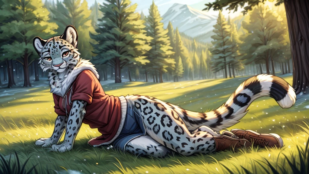 (very detailed illustration: 1.2), best quality, masterpiece, solo, natural lighting, An young anthro female snow leopard with brown eyes, she has snow leopard fur un all her body, she is dressed in casual clothes, she is in an open field, there is green grass everywhere, she is in a forest, there are trees behind her and everywhere.