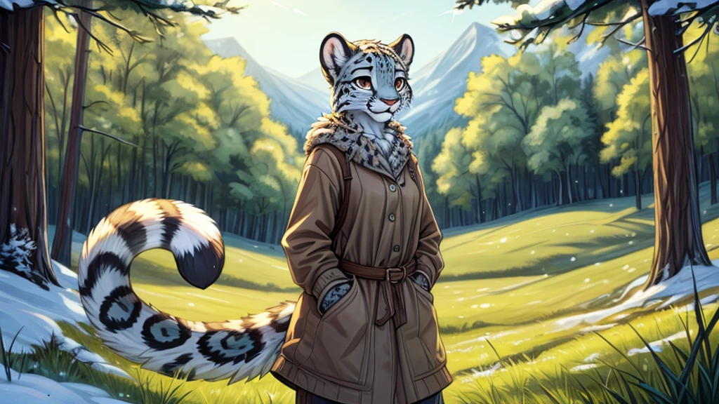 (very detailed illustration: 1.2), best quality, masterpiece, solo, natural lighting, An young anthro female snow leopard with brown eyes, she has snow leopard fur un all her body, she is dressed in casual clothes, she is in an open field, there is green grass everywhere, she is in a forest, there are trees behind her and everywhere.