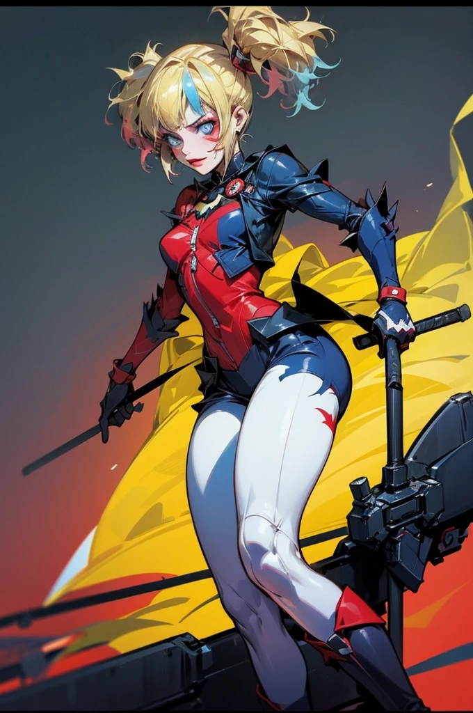 Batleen embodies the legacy of Batman and the redemption of Harley Quinn. In this anime-style design, she wears a combat suit that is predominantly black with dark blue accents and touches of red on the boots and gloves, combining elegance and functionality. Her short cape is aerodynamic, allowing for freedom of movement, and the Batman symbol on her chest is stylised with light blue details. The mask covers the upper half of her face, featuring a softer, more feminine design adorned with subtle details that reflect her unique identity. Batleen's hair is blonde with tips dyed blue and red, either tied up in a high ponytail or left loose depending on the situation. Her expressive eyes, accentuated with bold eyeliner, reveal her determination and internal conflict. She carries personalised batarangs with a diamond design, a collapsible hammer, and advanced technological gadgets. Her athletic and agile physique showcases her prowess in combat and acrobatics, while her confident stance as Batleen contrasts with her more relaxed and approachable demeanour as Harleen Quinzel.