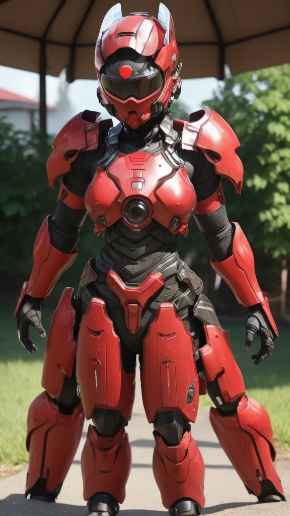Middle-aged women Bright red battlesuit Sexy Eyes is visible Full Body Shot Cute Face Sweaty ((Eyes can be seen from behind the lens)) Rear View Steam comes out of the mouth ((Steam comes out of the whole body))