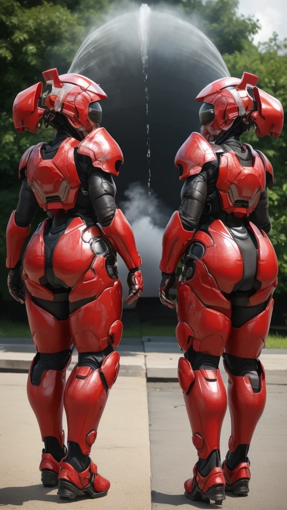 Middle-aged women Bright red battlesuit Sexy Eyes Full Body Shot Cute Face Sweaty ((Eyes can be seen from behind the lens)) Rear View Steam comes out of the mouth ((Steam comes out of the whole body))