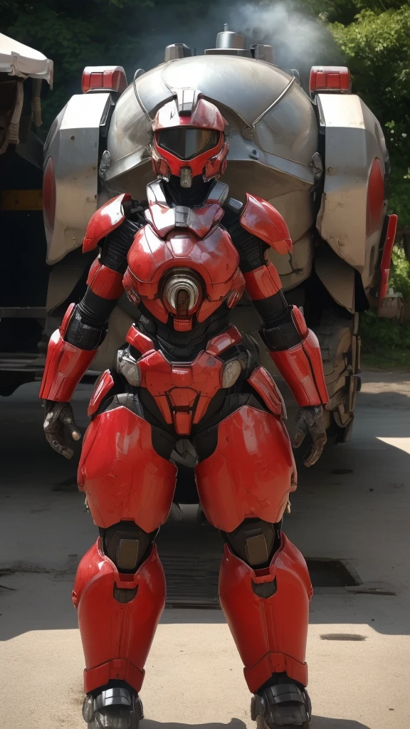 Middle-aged women Bright red battlesuit Sexy Eyes is visible Full Body Shot Cute Face Sweaty ((Eyes can be seen from behind the lens)) Rear View Steam comes out of the mouth ((Steam comes out of the whole body))