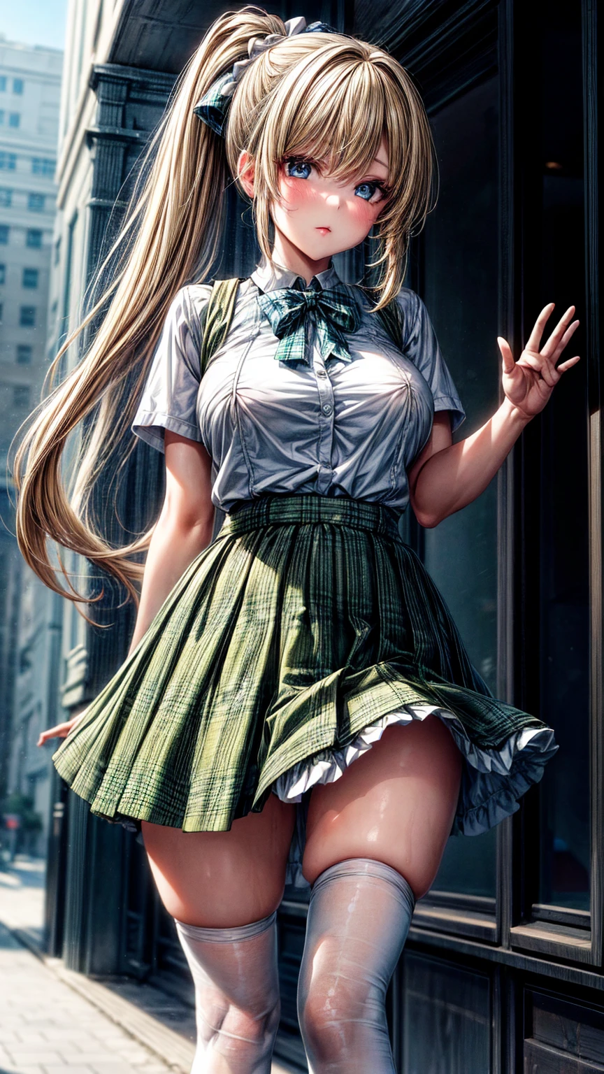 1girl,masterpiece,best quality,blonde hair,(ponytails),blue eyes,(white stockings),(green plaid skirt),short skirt,standing,in full length,medium breasts,white t shirt,in front of streets,extremely detailed,[[realistic]],beautiful alluring anime teen,seductive anime girl,waving skirt