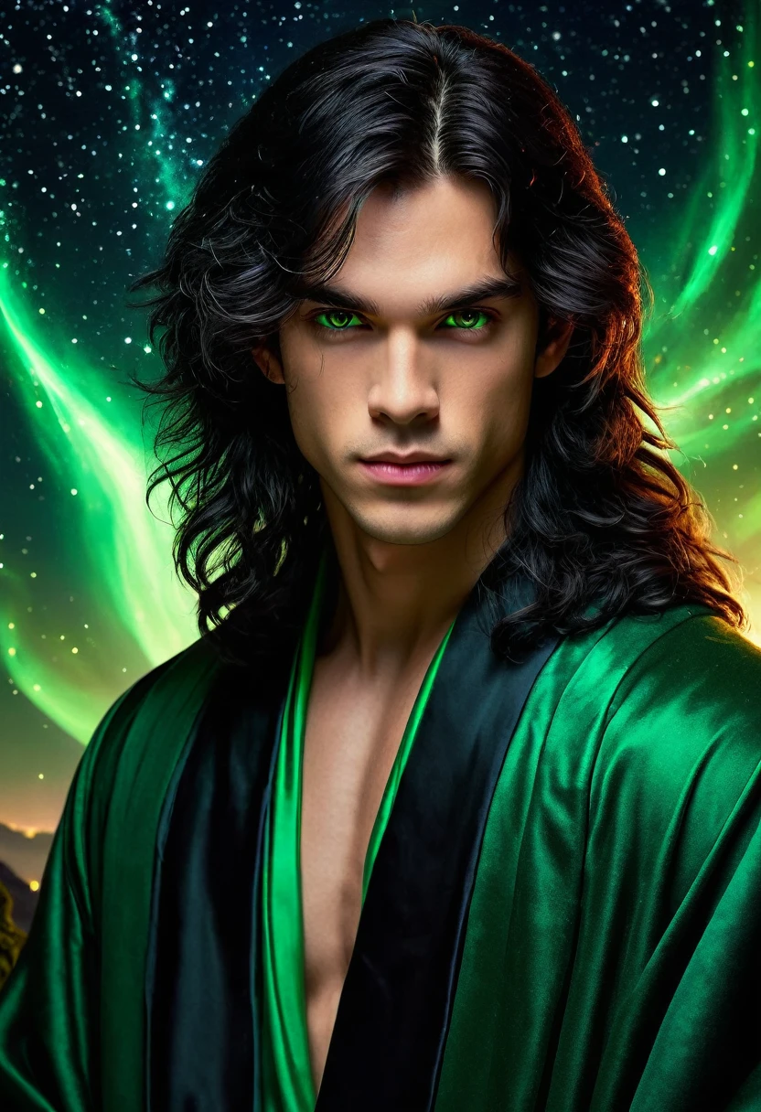 Fine, (Best Illustration), 8k Resolution, Intricate Details, Best Quality, Realistic, Ultra Detailed, Best Lighting, Best Shadows, Ultra HD, ((((Handsome Young Man))), ((age :1.5)), (glowing red eyes), (glowing eyes), ((((long black hair: 1.1))), ((dark green clothes)), (prince (indifferent expression), , (((Wearing high detail luxurious green robe))),, starry night sky, falling meteors, elf ears, ((fair skin)), with dragon horns on forehead, surrounded by giant dragons