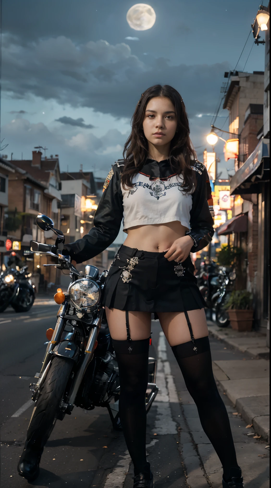 -yeld Wa  posando na frente de uma motocicleta futurista, the motorcycle has skulls and blue flames highly detailed 3D graphics, night scenery with full moon in the background, she is wearing a  Uniform with 3D skulls and flames and Sailor Miniskirt, Pantyhose , HDR, epic realism, high-octane rendering, obra de arte,