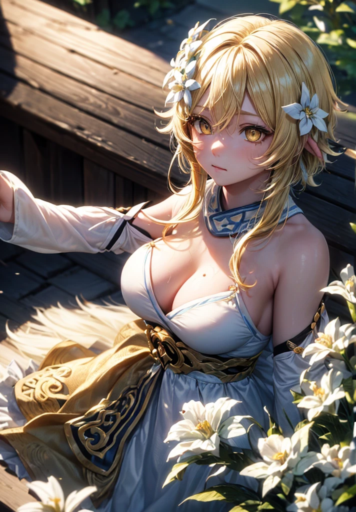 Lumine, genshin impact, (blonde, Short messy hair, white flower hair jewelry, detailed yellow eyes:1.4), (best quality,4k,8k,highres,masterpiece:1.2), ultra-detailed, (realistic,photorealistic,photo-realistic:1.37), illustration, vivid colors, studio lighting,physically-based rendering, cynical lighting effect, sexy pose, potrait, (ultra-detailed eyes:1.4), (temple:1.4), shy, (waving:1.3)