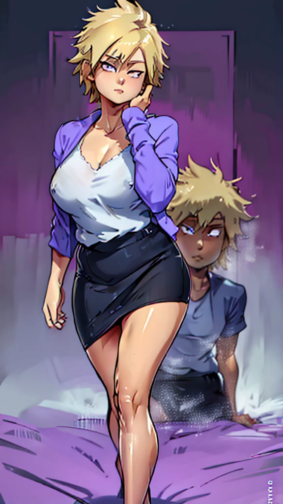 A cute sexy woman beautiful ash blonde hair round short messy cut her slanted orange eye wears white blouse under simple purple shirt and a tight black skirt black heel
