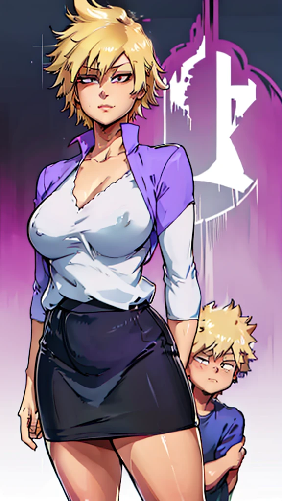 A cute sexy woman beautiful ash blonde hair round short messy cut her slanted orange eye wears white blouse under simple purple shirt and a tight black skirt black heel