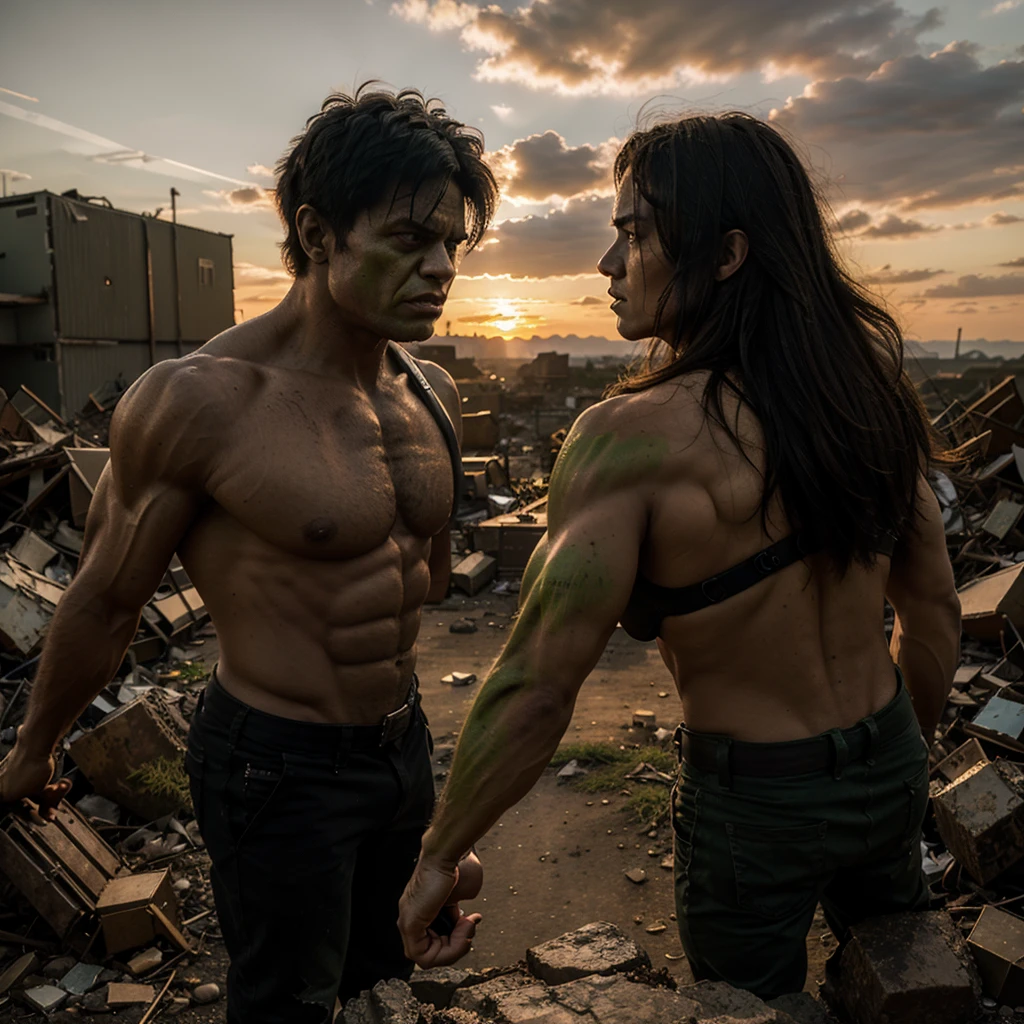 They rock vs Hulk,apocalyptic scene,defiant look at a sunset