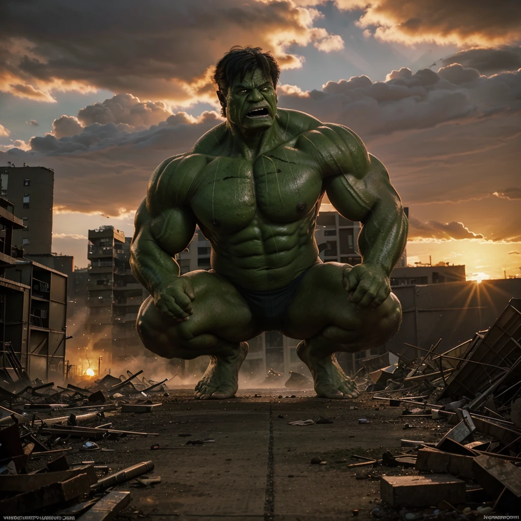 They rock vs Hulk,apocalyptic scene,defiant look at a sunset