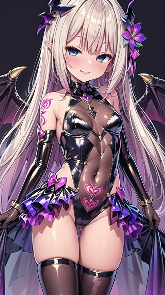 masterpiece, Highest quality, Very detailed, One girl, alone, corruption, Wicked Smile, Genital tattoo, magical girl uniform, Retention Staff,, Black clothes, ,Dark shadowed face,Sadistic smile,Malice,Contemptlatex,Bad face,,,two hands,Two legs,five fingers,evil background,elbow gloves,latex, Wicked Smile, devilish aura (Shiny fabric:1.5),Dark world background,solo,feet,Standing on the rubble,most evil smile,