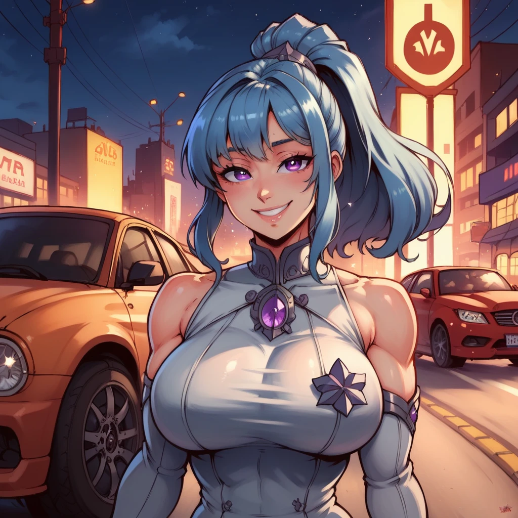 a woman wearing a silver sex dress, blue hair, ponytail hair, purple eyes, smiling, big breasts, near a well-detailed black car, on a track in a large city at night, perfect lighting,HDR, ultra resolution , very detailed, masterpiece, ultra quality, 4K HD.