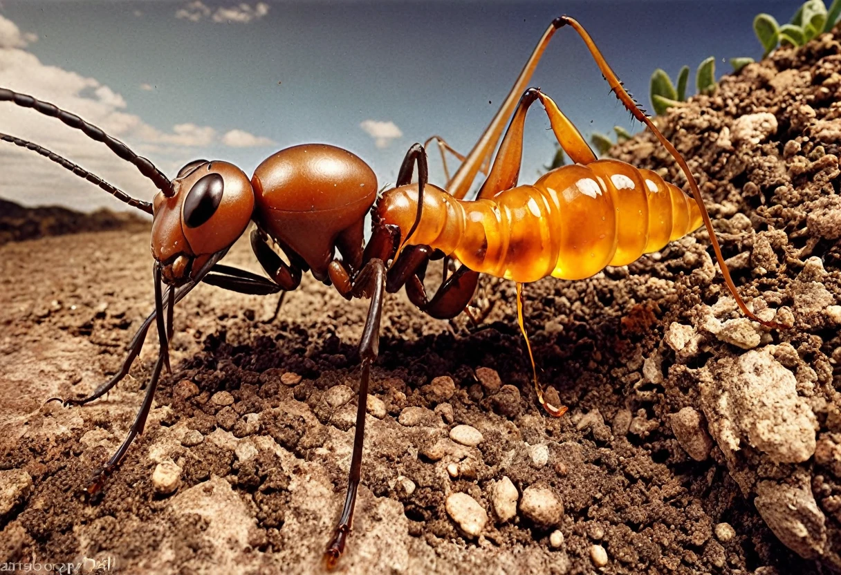 An ant the size of a dog, with mandibles like garden shears, bites a wriggling worm in half, drops of amber liquid dripping down its chitinous legs, macrophotography, surrealism, Salvador Dali style