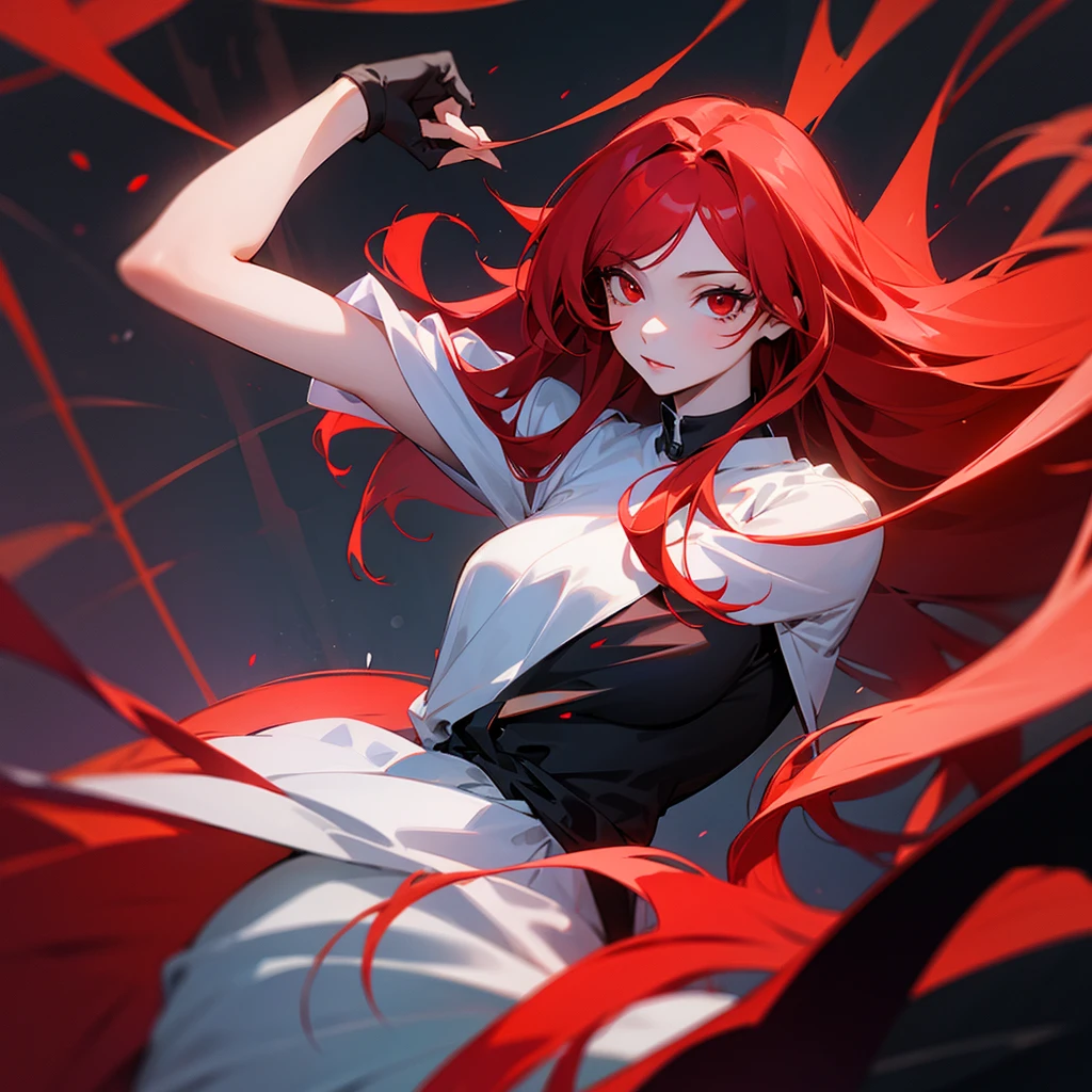 A young woman with long red hair and red eyes.