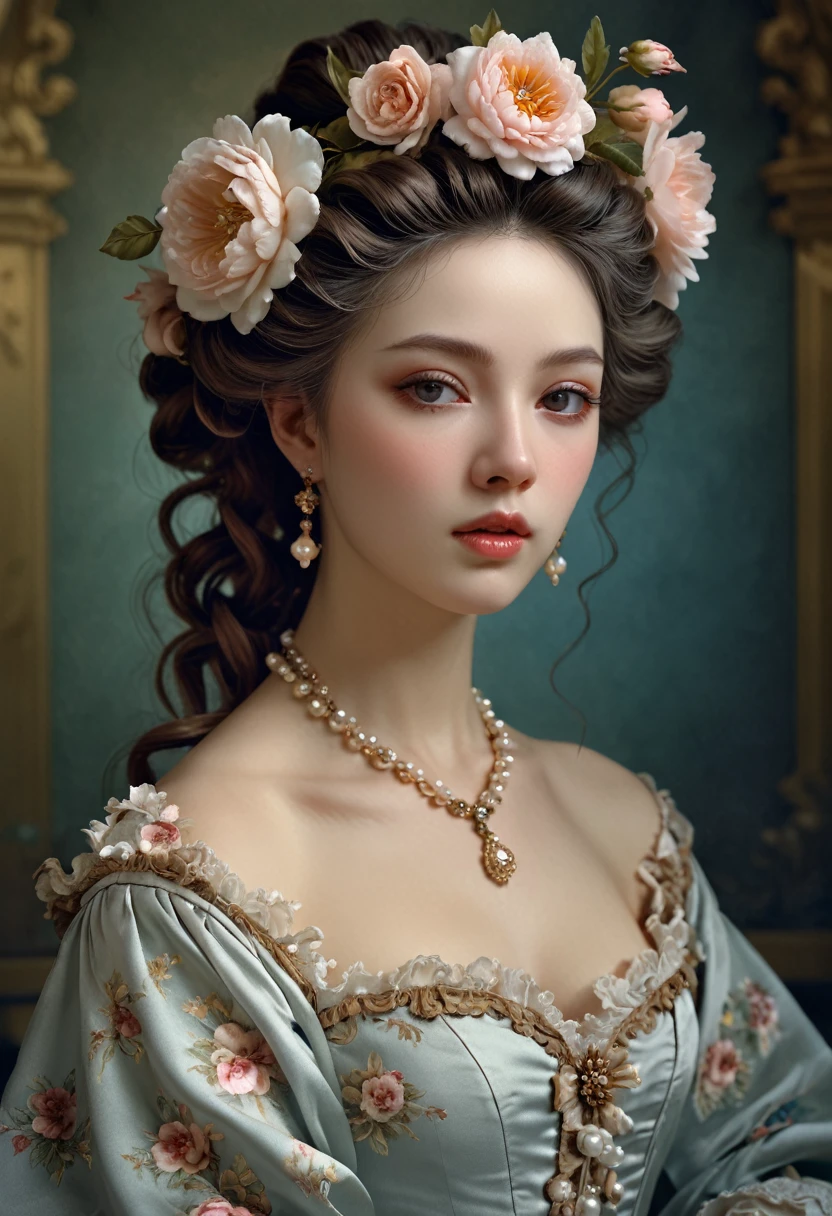 a (((italian woman))), with a flower in her hair, beautiful fantasy portrait, beautiful fantasy art portrait, rococo style portrait, detailed dress and face, gorgeous digital painting, a beautiful victorian woman, beautiful portrait oil painting, realistic cute girl painting, stunning cgsociety, jingna zhang, very beautiful digital art, miniature porcelain portrait, rococo queen, beautiful pale makeup