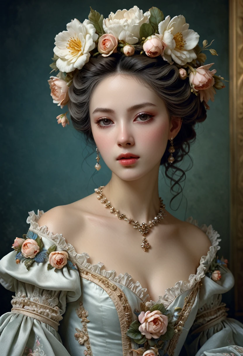 a (((italian woman))), with a flower in her hair, beautiful fantasy portrait, beautiful fantasy art portrait, rococo style portrait, detailed dress and face, gorgeous digital painting, a beautiful victorian woman, beautiful portrait oil painting, realistic cute girl painting, stunning cgsociety, jingna zhang, very beautiful digital art, miniature porcelain portrait, rococo queen, beautiful pale makeup