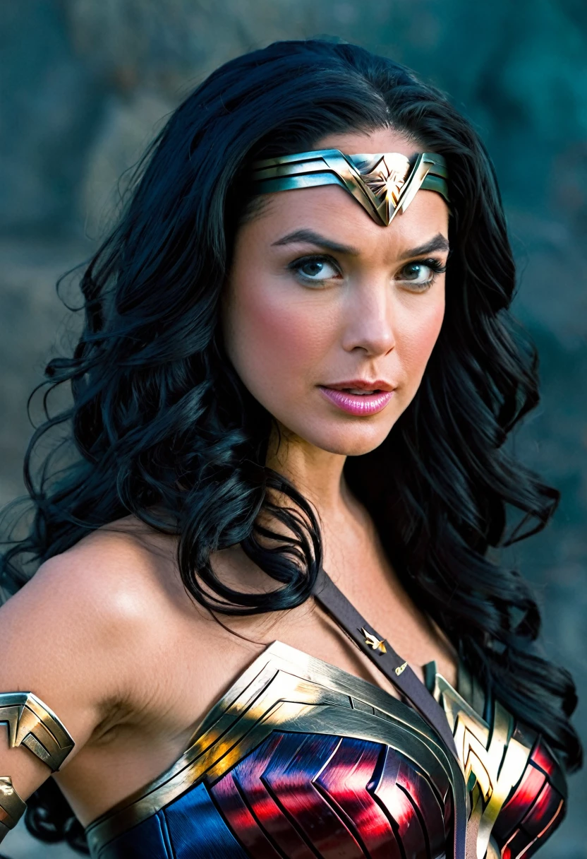 Very close up,(((Diaema wonder woman)))(((wonder woman))),(((Ella Travolta))),(((long black hair))),(((With part of his head shaved))),bajo el manto de la Guerrera amazona wonder woman))),(((Front images))),(((Splash color images))),(((Traje Man Of Steel Movie))),(((long black hair))),(((With part of his head shaved))),(((long black hair))),(((Diaema wonder woman))),(((Tiara wonder woman))),(((front face images))),(((Tiara wonder woman)))
