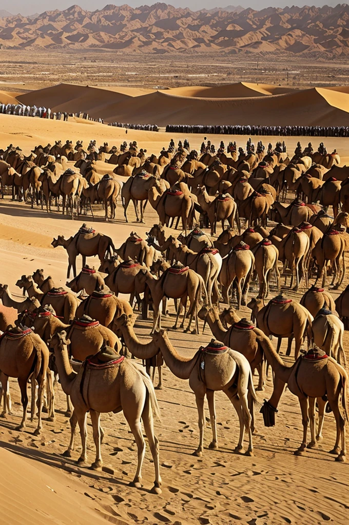 Journey of prophet Muhammad and sahaba from Mecca to madinah on camels in desert one evening