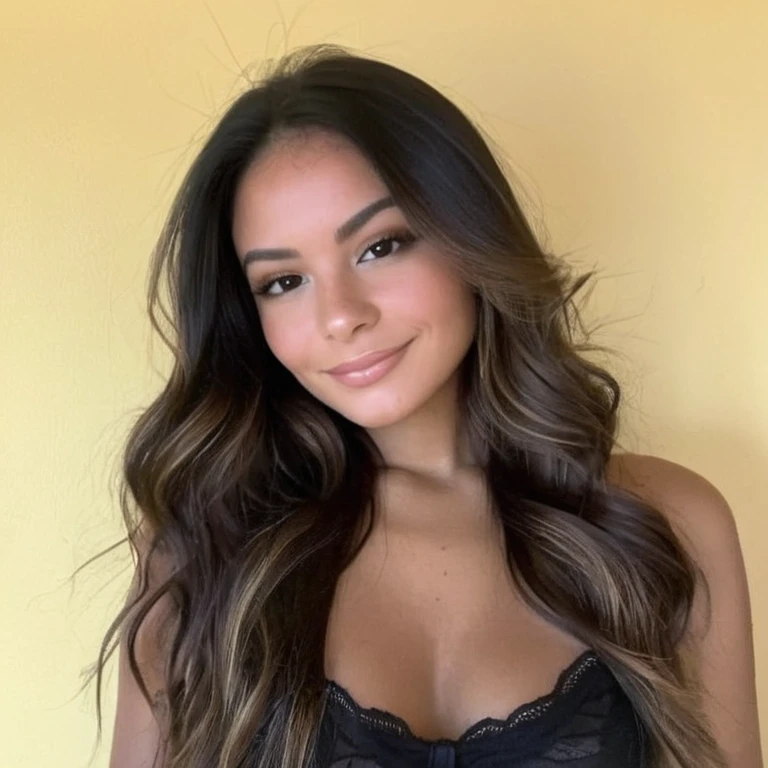 Une jeune femme cheveux noir long légèrement ondulé, de couleur châtain foncé. Les boucles sont bien définies , encadrant son visage avec une touche naturelle et vibrante.peau claire, avec un teint légèrement doré, caractéristique des régions ensoleillées de la colombie. Yeux : clairs, de couleur maron ou noir ajoutant une touche captivante à son apparence. visage : Forme ovale, avec des traits doux et harmonieux. Ses pommettes sont légèrement saillantes, et elle a un sourire craquant. âge : environ 18 ans, dégageant une aura de jeunesse et de vitalité et à l'apparence la plus réel que possible. style : en string tres sexy. Elle doit etre le plus réel que possible et elle doit aussi etre tres hot pour onlyfan, sur son lit en lingerie nue