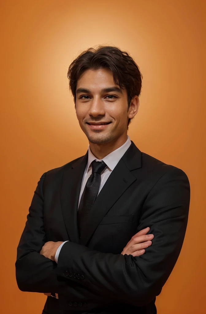 Frontal view , Portrait of man in black suit smiling , orange background editorial style highdefinition ultrarealistic details in the style of portrait photography