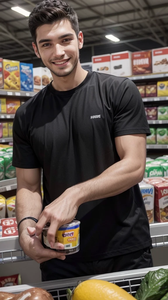 smiling man in a store with a black shirt and a black shirt, a picture by Samuel Silva, instagram, hyperrealism, ((in a super market costco)), caio santos, stood in a supermarket, aykut aydogdu, mohamed chahin, david rios ferreira, photo portrait, snapchat photo, wide - angle portrait, headshot profile picture, avatar image
