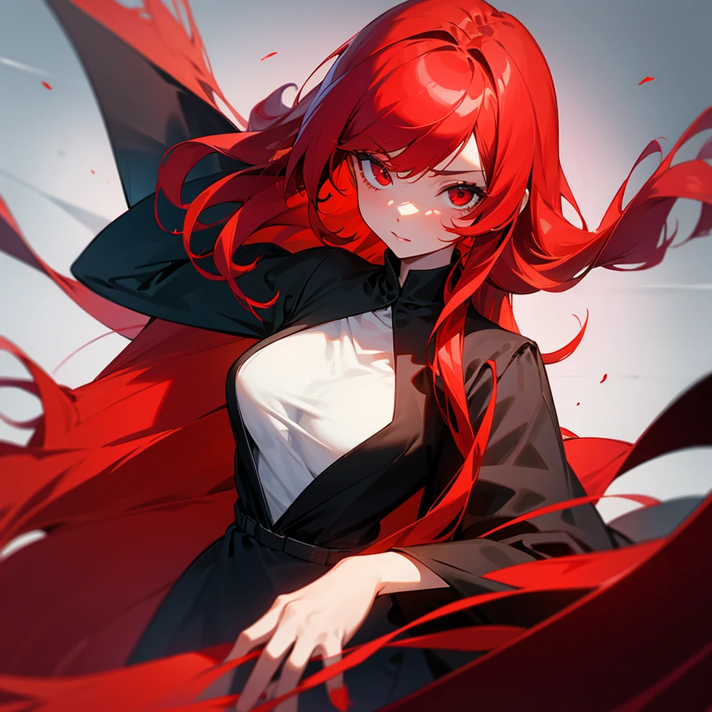 A young woman with long red hair and red eyes.