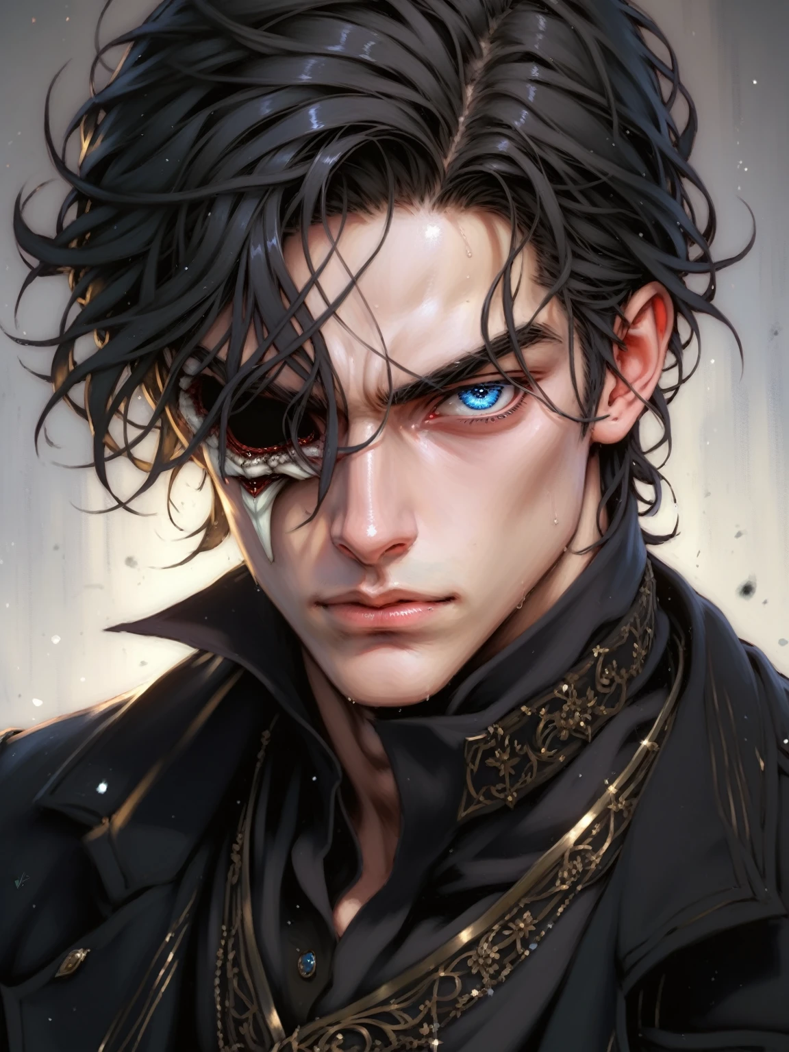 absurdities, High resolution, ultra detailed, HdR, masterpiece, Extremely detailed face and eyes, long black hair, disheveled, bushy eyebrows, White skin, serious, expressive blue eyes, detailed eyes, LOOKING AT THE SPECTATOR, 1 man, elegant, black magic shit, masculine, sorcery clothing, dark aura background, background skulls, Complete plan