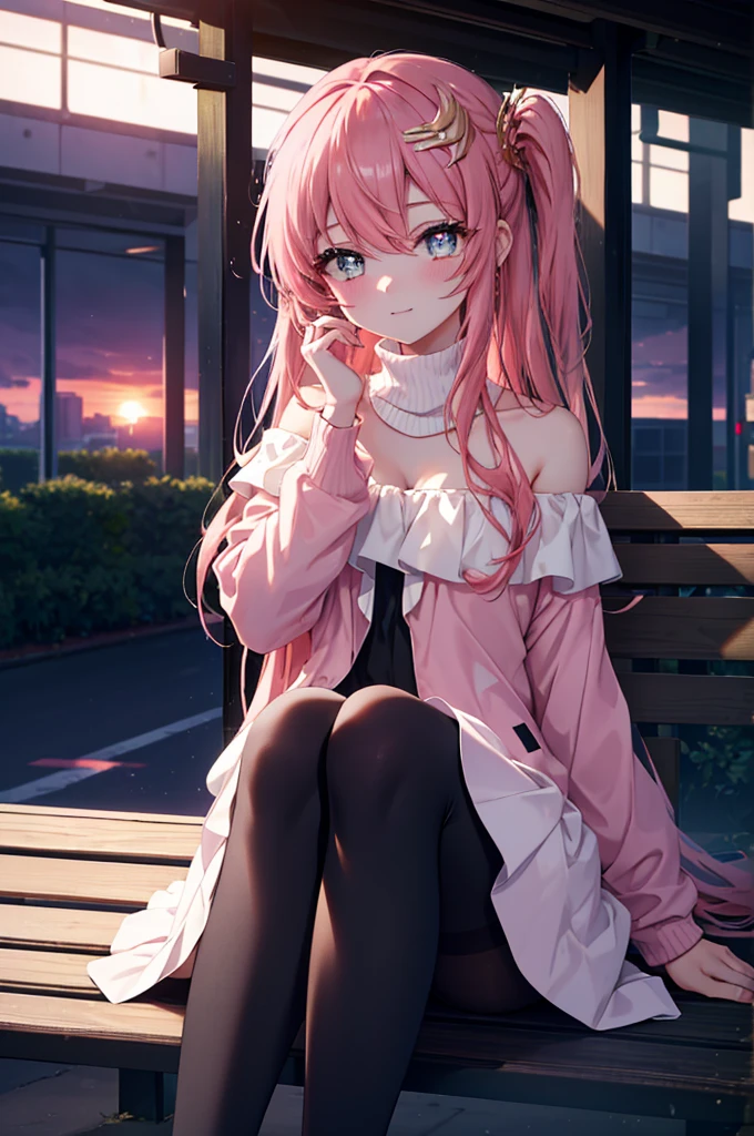 hair ornaments, long hair, wave hair ornaments, blush,pink hair,green eyes, smile,The front of the pink coat is open,white off shoulder sweater,naked neck,bare shoulders,bare clavicle,mini skirt,black  fishnets,short boots,Sitting on a bench in a station,winter,meeting,evening,sunset,
break looking at viewer, 
break outdoors, station entrance, 
break (masterpiece:1.2), highest quality, High resolution, unity 8k wallpaper, (figure:0.8), (detailed and beautiful eyes:1.6), highly detailed face, perfect lighting, Very detailed CG, (perfect hands, perfect anatomy),