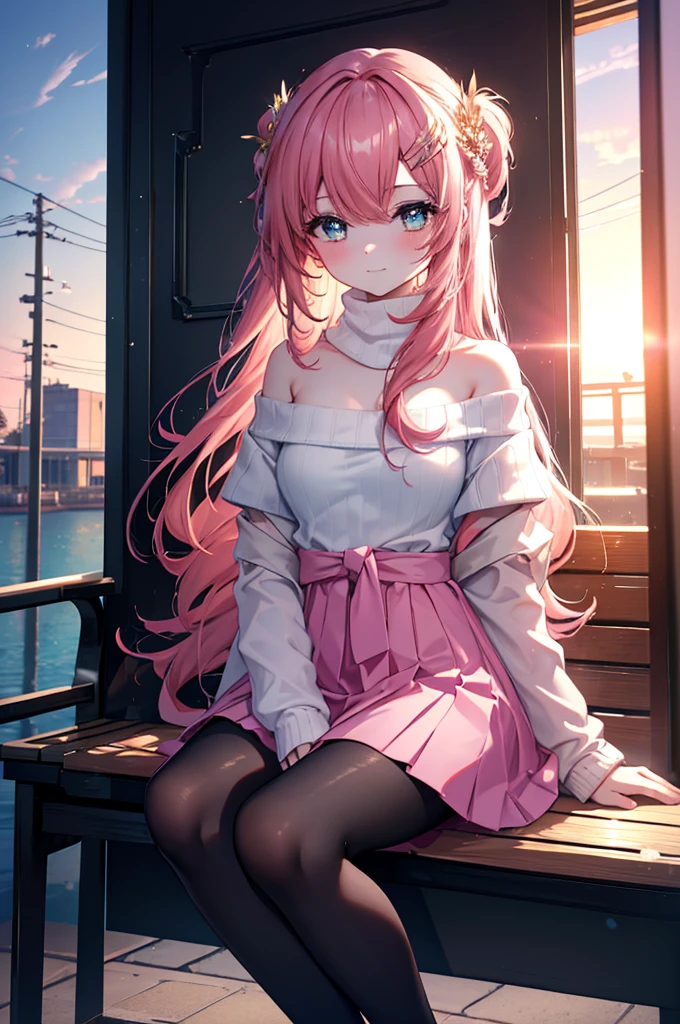 Lax Cline, Klein Lake, , hair ornaments, long hair, wave hair ornaments, blush,pink hair,green eyes, smile,The front of the pink coat is open,white off shoulder sweater,naked neck,bare shoulders,bare clavicle,mini skirt,black pantyhose,short boots,Sitting on a bench in a station,winter,meeting,evening,sunset,
break looking at viewer, 
break outdoors, station entrance, 
break (masterpiece:1.2), highest quality, High resolution, unity 8k wallpaper, (figure:0.8), (detailed and beautiful eyes:1.6), highly detailed face, perfect lighting, Very detailed CG, (perfect hands, perfect anatomy),