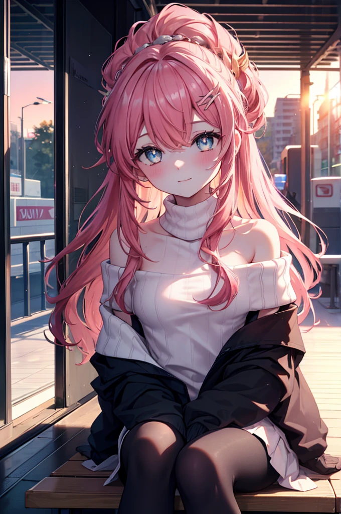Lax Cline, Klein Lake, , hair ornaments, long hair, wave hair ornaments, blush,pink hair,green eyes, smile,The front of the pink coat is open,white off shoulder sweater,naked neck,bare shoulders,bare clavicle,mini skirt,black pantyhose,short boots,Sitting on a bench in a station,winter,meeting,evening,sunset,
break looking at viewer,
break outdoors, station entrance,
break (masterpiece:1.2), highest quality, High resolution, unity 8k wallpaper, (figure:0.8), (detailed and beautiful eyes:1.6), highly detailed face, perfect lighting, Very detailed CG, (perfect hands, perfect anatomy),