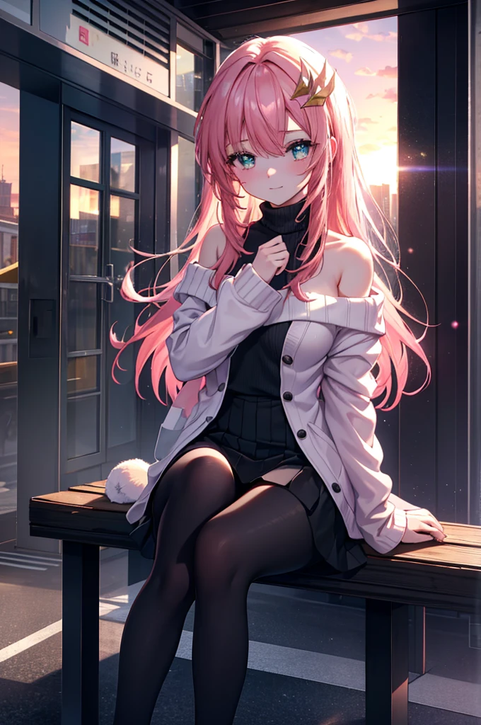Lax Cline, Klein Lake, , hair ornaments, long hair, wave hair ornaments, blush,pink hair,green eyes, smile,The front of the pink coat is open,white off shoulder sweater,naked neck,bare shoulders,bare clavicle,mini skirt,black pantyhose,short boots,Sitting on a bench in a station,winter,meeting,evening,sunset,
break looking at viewer, 
break outdoors, station entrance, 
break (masterpiece:1.2), highest quality, High resolution, unity 8k wallpaper, (figure:0.8), (detailed and beautiful eyes:1.6), highly detailed face, perfect lighting, Very detailed CG, (perfect hands, perfect anatomy),