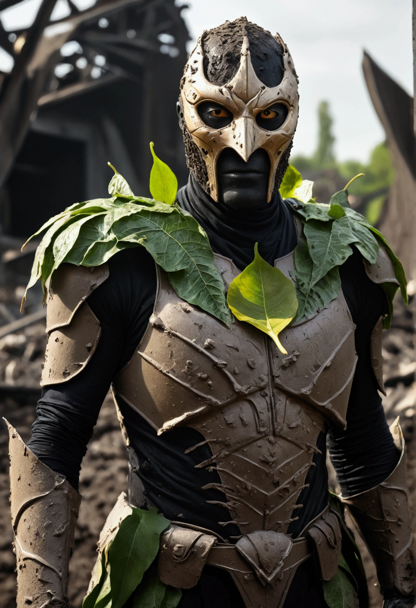 breathtaking cinematic science fiction photo of a portrait of a non human masked Grim dressed as a leaf-supervillain covered in mud, body full glowing metrics in the armour, glowing eyes, l metallic arms, standing in front of a destroyed empire , daylight, extremely menacing creature, highly detailed, award-winning