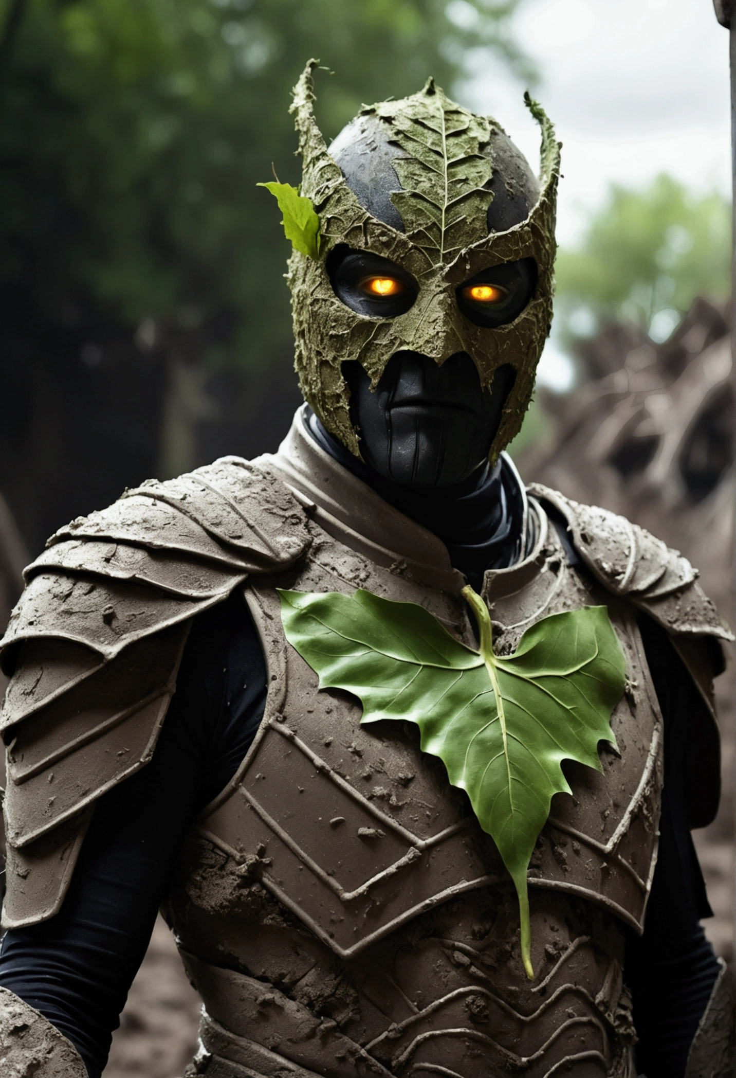 breathtaking cinematic science fiction photo of a portrait of a non human masked Grim dressed as a leaf-supervillain  covered in mud, body full glowing metrics in the armour, glowing  eyes, l metallic arms, standing in front of a destroyed empire , daylight, extremely menacing creature, highly detailed, award-winning