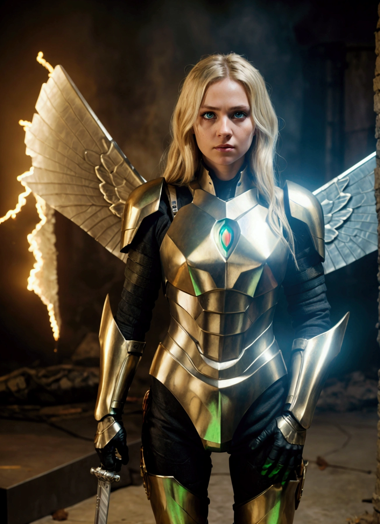 Woman standing facing the camera wearing body armor with metallic wings, blonde hair, green eyes, powerful, sword in hand, volcanic background, long hair, messy hair, dilated pupils, cinematic lighting, ray tracing, masterpiece, accurate, anatomically correct, super detail, award winning, 8k