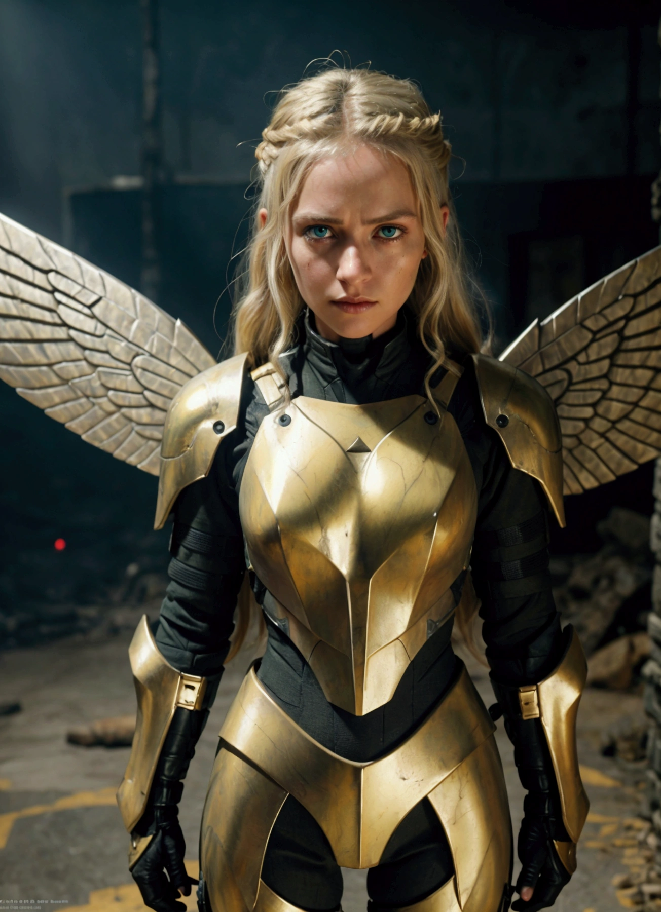 Woman standing facing the camera wearing body armor with metallic wings, blonde hair, green eyes, powerful, sword in hand, volcanic background, long hair, messy hair, dilated pupils, cinematic lighting, ray tracing, masterpiece, accurate, anatomically correct, super detail, award winning, 8k