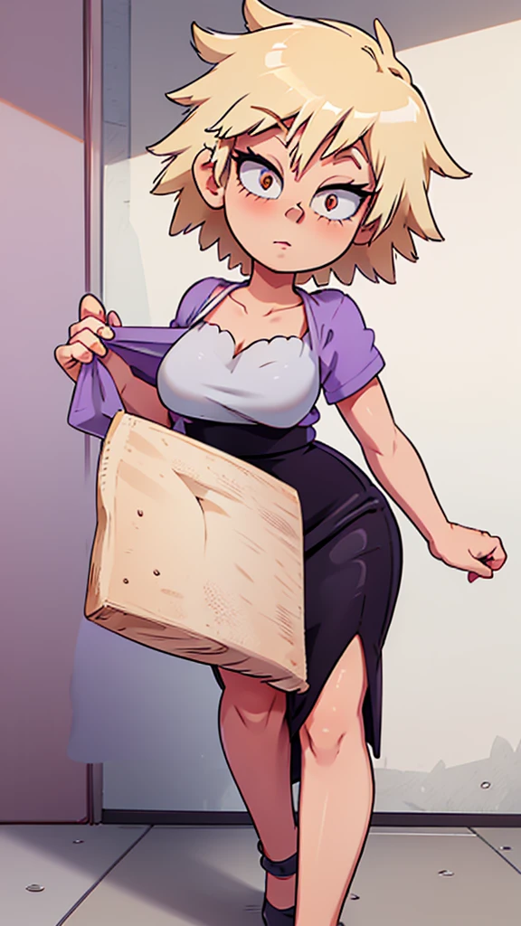 A cute sexy woman beautiful ash blonde hair round short messy cut her slanted orange eye wears white blouse under simple purple shirt and a tight black skirt black heel