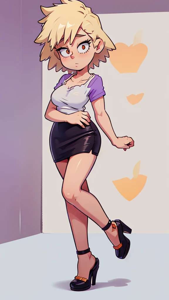 A cute sexy woman beautiful ash blonde hair round short messy cut her slanted orange eye wears white blouse under simple purple shirt and a tight black skirt black heel