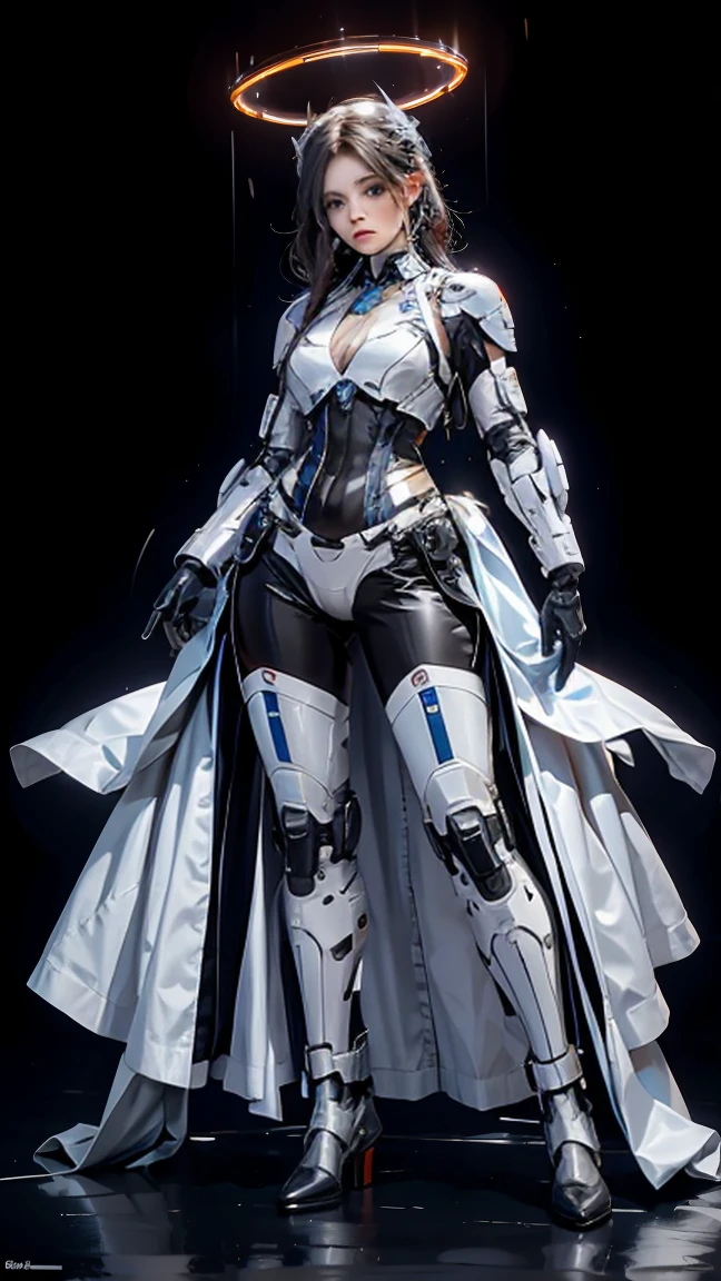 ((Full body photo, standing, feet on the floor)) realisticlying, A high resolution, a 1 womone, hip-up, droid, Mecha Maiden,mechanicalparts, droid joints,single mechanical arm, Hats, Mechanical Aura,star halo,Simple mechanical jumpsuit, mecha corset, Full A, White mecha body,White background, full body, standing