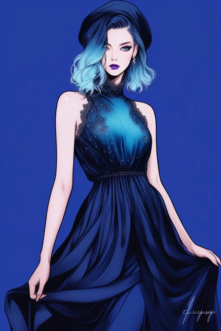 (Best quality, sketch:1.2),realistic,illustrator,anime,1 girl, detailed lips,custom, bad women, details, black and aquamarine gradient background,neon hair,Textured trim, masterpiece, retro classic style, [female mannequin close up, y dress, silk dress, mercury dress, Astral dress, beautiful silky dress, Sexress, dark dress, Dark purple clothing, revealing stylish dress, dark Astral dress, soft silk dress, elegant navy blue dress, stylish dark dress, airbrush dark dress, fantasy dress, Baroque dress, extravagant dress] (photographic portrait)