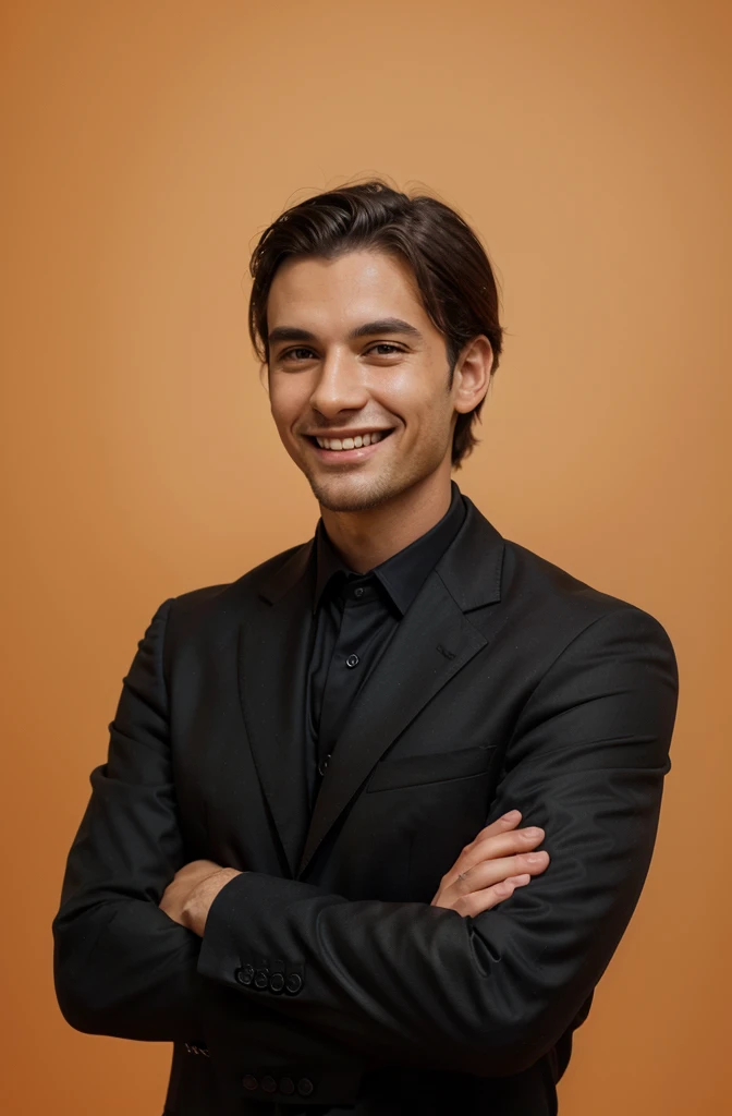 Frontal view , Portrait of man in black suit smiling , orange background editorial style highdefinition ultrarealistic details in the style of portrait photography