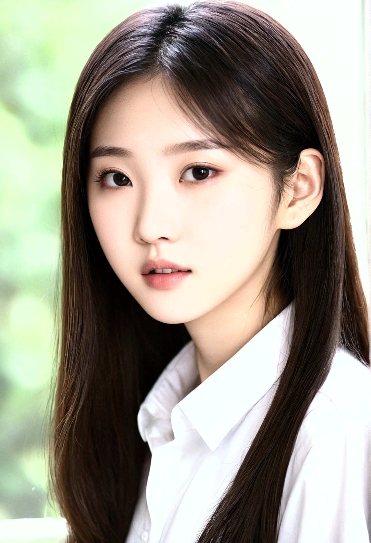 a close-up of a woman with long hair and a white shirt, 1 8 are, 18 year old, 19-year-old girl, xintong chen, korean girl, xision wu, Heonhwa Choe, 22 years old, 21 years old, ulzzang, wenfei ye, young cute pale asian face, lips