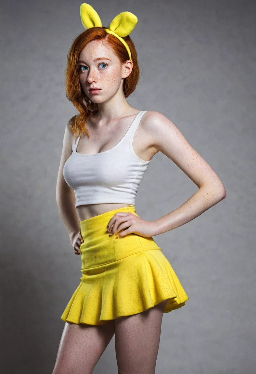 8k, highly detailed, spongebob squarepants art, a full body 15 y.o. girl very pale skin full of freckles,hair up, very bulging eyes, ginger hair, very very very thin legs and very very very thin arms,backlighting, very thin face, bulging eyes, pale white skin, very freckled, very thin, very very large puffy ears, big long nose,flat stomach, spongebob squarepants tank top,nobra,yelow shoes, yellow mini skirt, .Candid, Sideboob, armhole, Nipslip, Bent over, braless, Wearing , from side, skinny girl, detailed studio portrait photography, 1girl, beautiful detailed eyes, beautiful detailed lips, extremely detailed face and skin, long eyelashes, studio lighting, professional lighting, high contrast, dramatic lighting, dramatic shadows, dramatic pose, elegant dress, flawless skin, porcelain skin, photorealistic, realistic, 8k, best quality, masterpiece